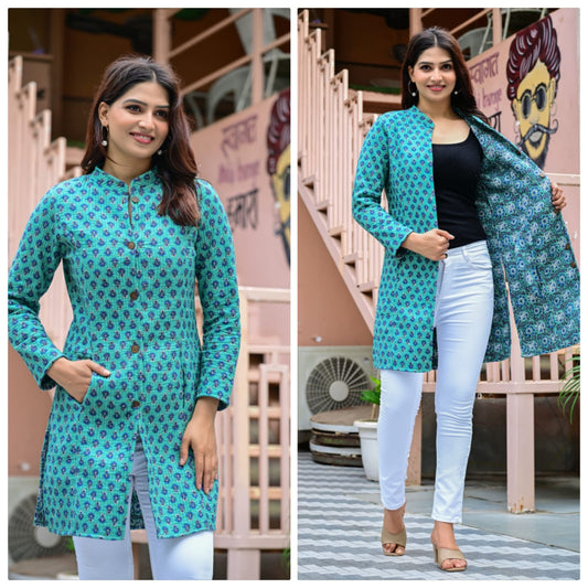 Reversible Quilted Long Cotton Coat with Pockets | Winterwear