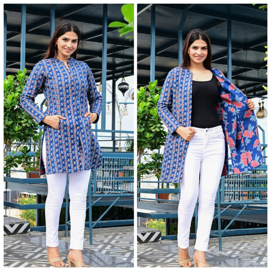 Reversible Quilted Long Cotton Coat with Pockets | Winterwear