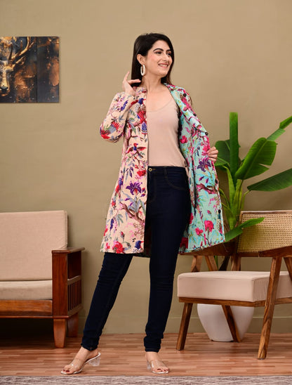 Reversible Quilted Long Cotton Coat with Pockets | Winterwear