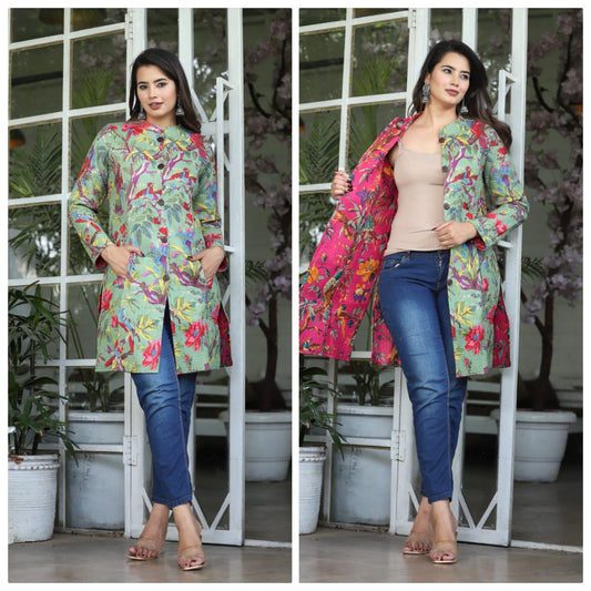 Woman wearing a colorful floral coat in two different poses with a white lattice background.