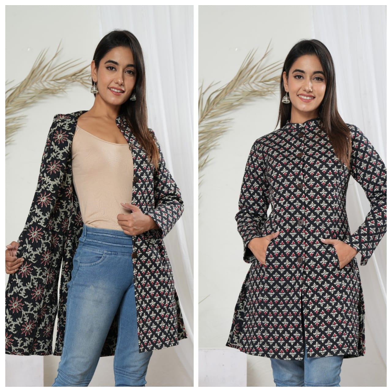 Reversible Quilted Long Cotton Coat with Pockets | Winterwear