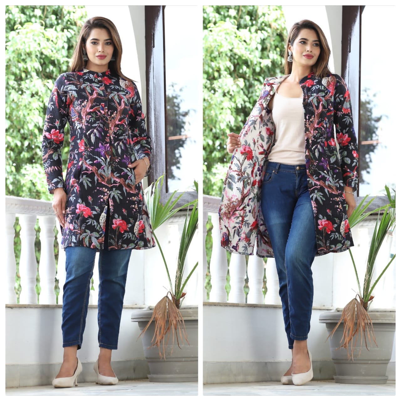 Reversible Quilted Long Cotton Coat with Pockets | Winterwear