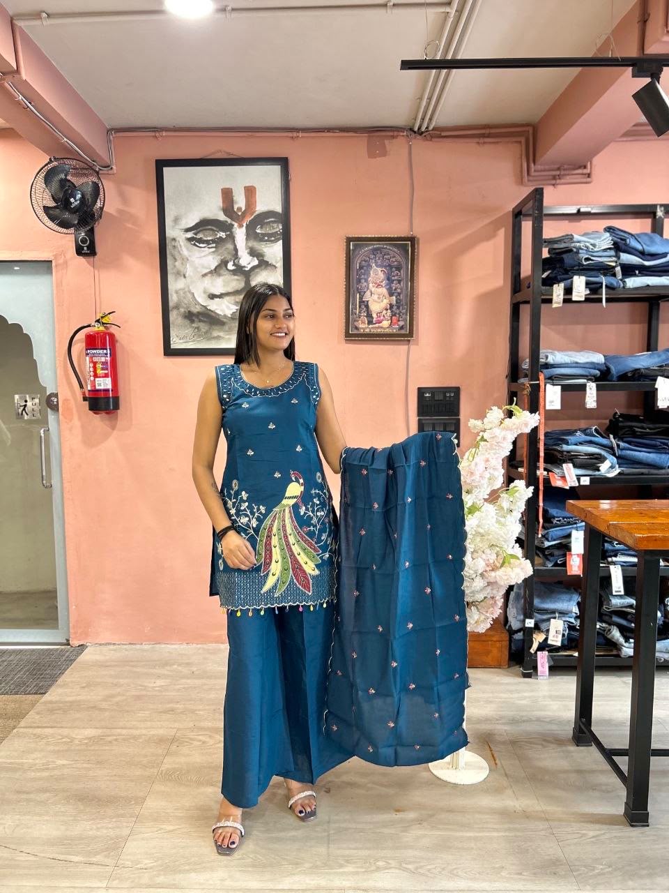 Roman 3-Piece Sleeveless Embroidered Mirror Work Suit Set with Palazzo
