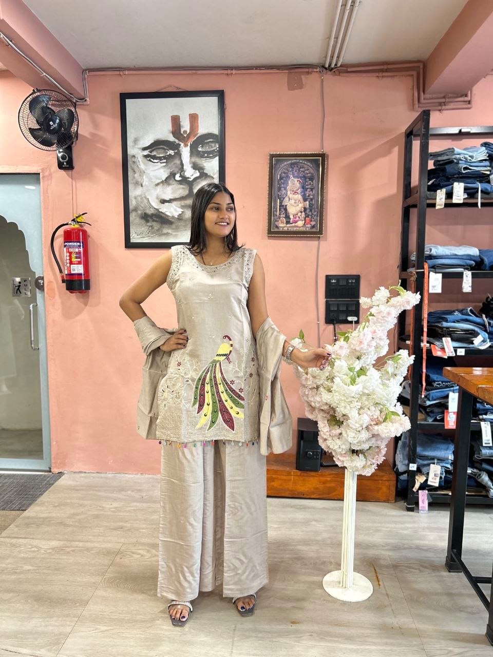 Roman 3-Piece Sleeveless Embroidered Mirror Work Suit Set with Palazzo