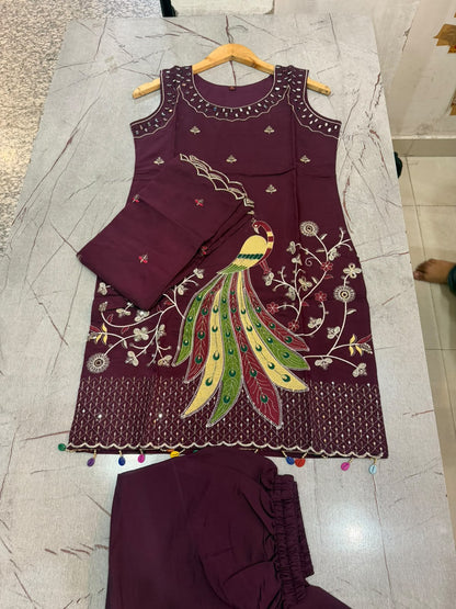 Roman 3-Piece Sleeveless Embroidered Mirror Work Suit Set with Palazzo
