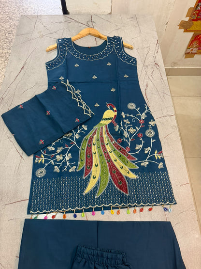Roman 3-Piece Sleeveless Embroidered Mirror Work Suit Set with Palazzo