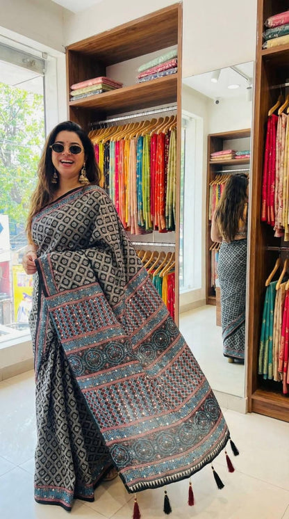 Roman Cotton Ajrakh Print Mirror Work Saree with Latkan Border