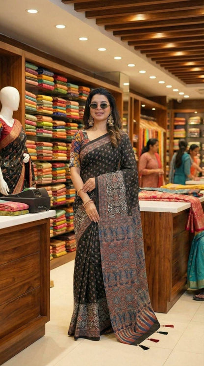 Roman Cotton Ajrakh Print Mirror Work Saree with Latkan Border