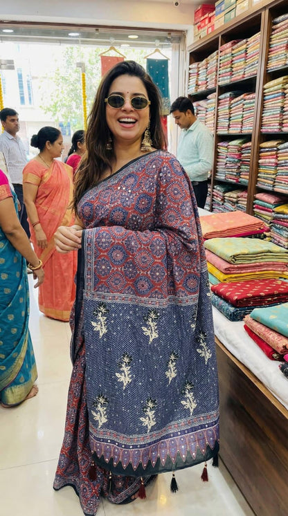 Roman Cotton Ajrakh Print Mirror Work Saree with Latkan Border