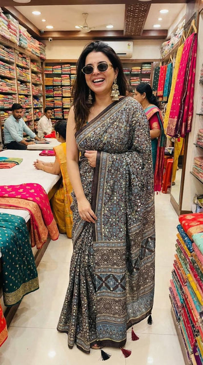 Roman Cotton Ajrakh Print Mirror Work Saree with Latkan Border