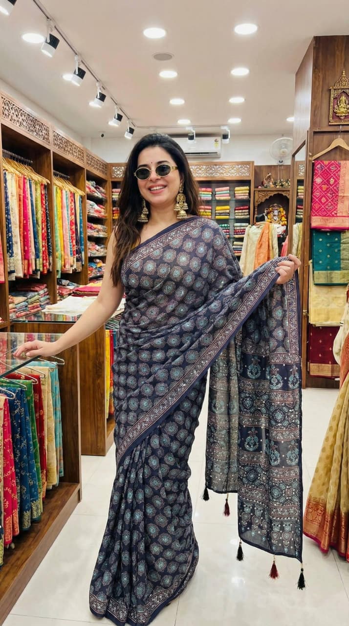 Roman Cotton Ajrakh Print Mirror Work Saree with Latkan Border