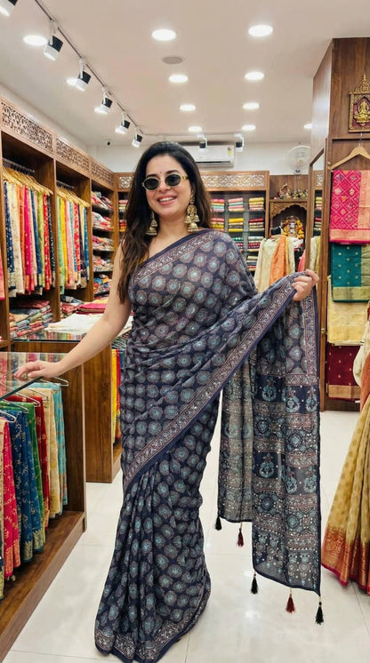Roman Cotton Ajrakh Print Mirror Work Saree with Latkan Border