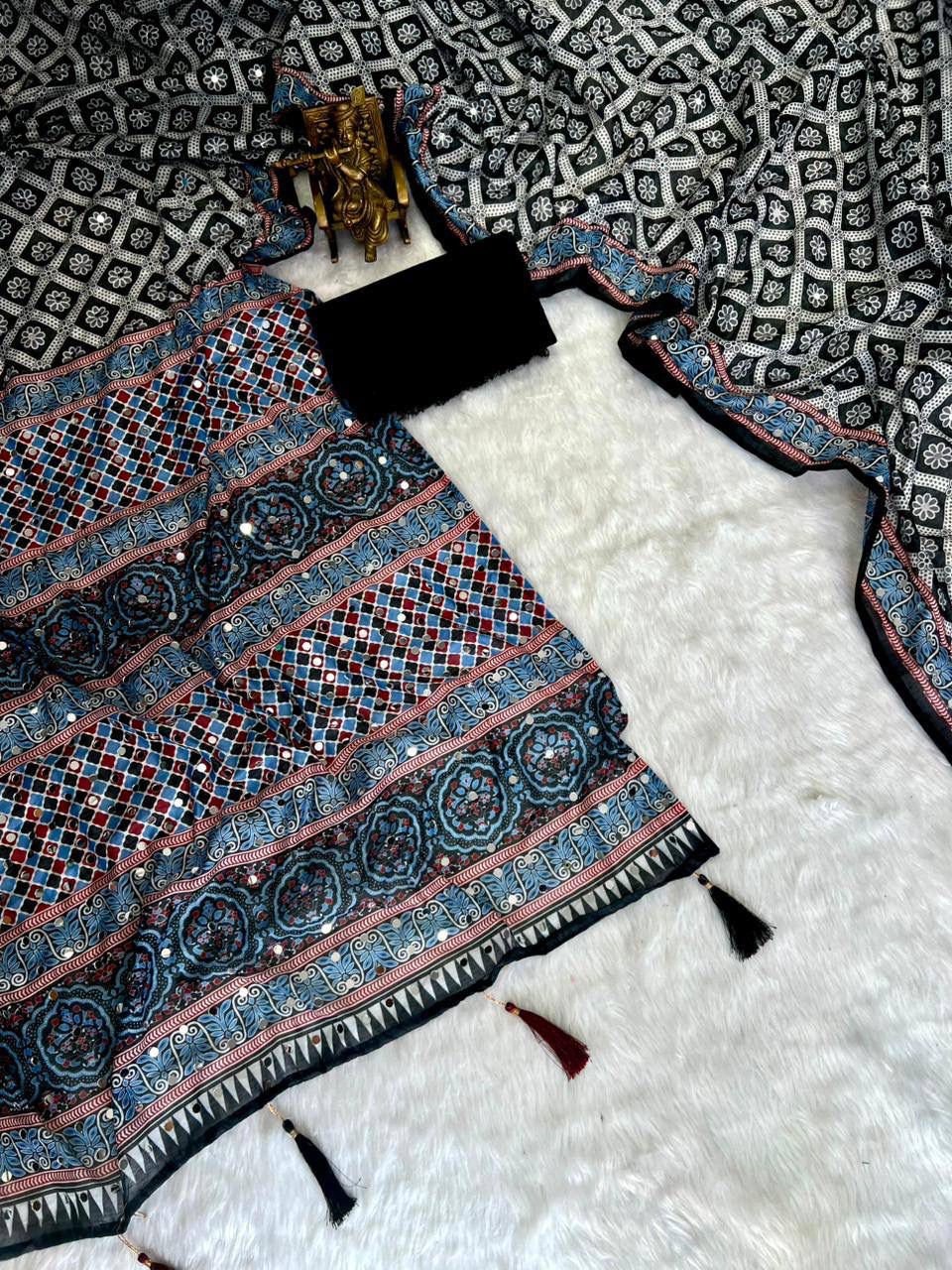 Roman Cotton Ajrakh Print Mirror Work Saree with Latkan Border