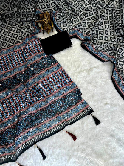 Roman Cotton Ajrakh Print Mirror Work Saree with Latkan Border