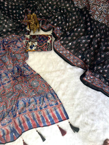 Roman Cotton Ajrakh Print Mirror Work Saree with Latkan Border