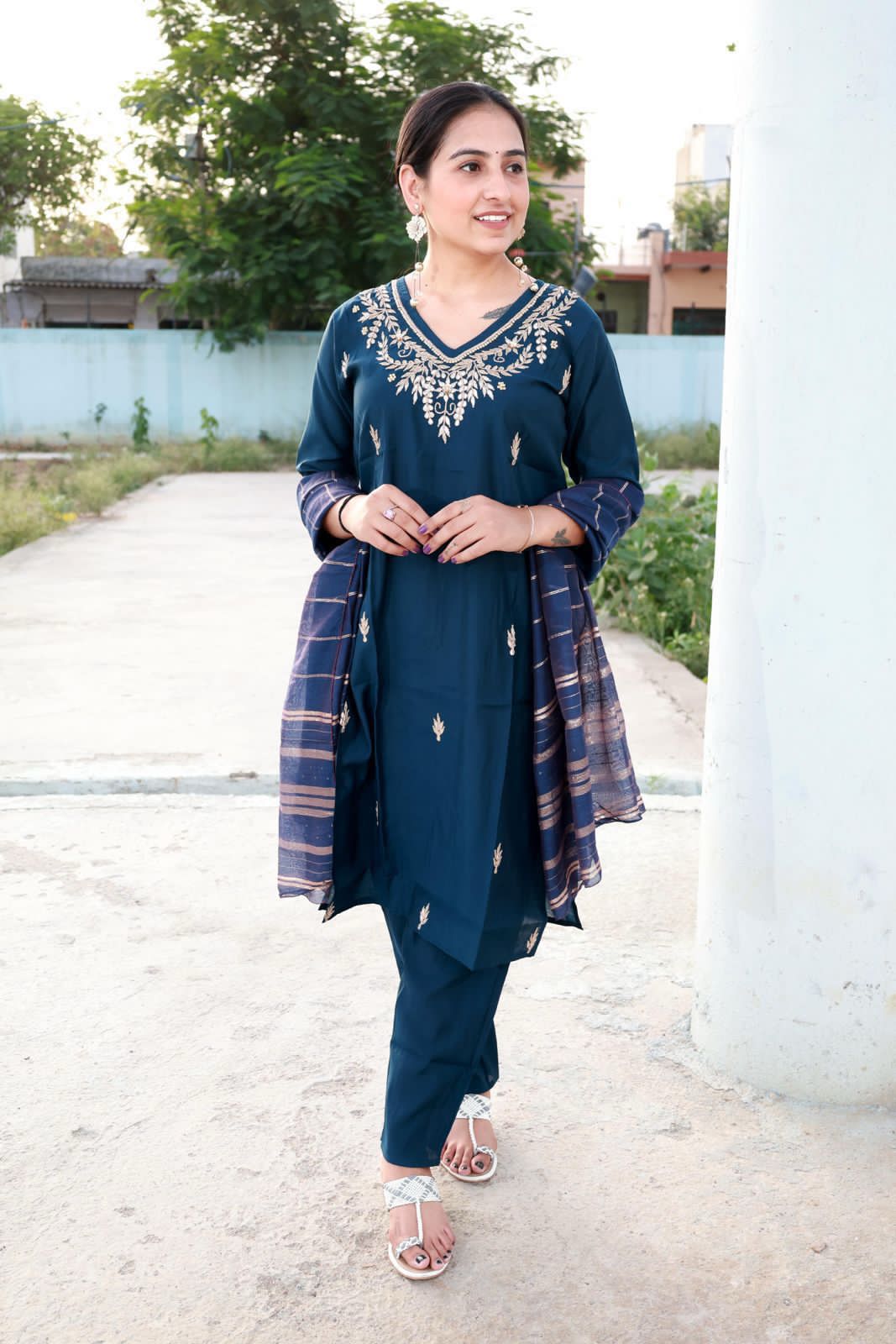 Roman Modal Silk Kurti Pant Set with Gota Patti & Chiffon Jacquard Dupatta
