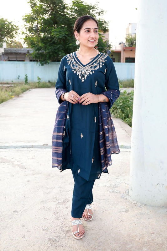 Roman Modal Silk Kurti Pant Set with Gota Patti & Chiffon Jacquard Dupatta