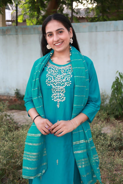 Roman Modal Silk Kurti Pant Set with Gota Patti & Chiffon Jacquard Dupatta