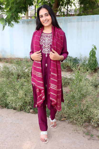 Roman Modal Silk Kurti Pant Set with Gota Patti & Chiffon Jacquard Dupatta