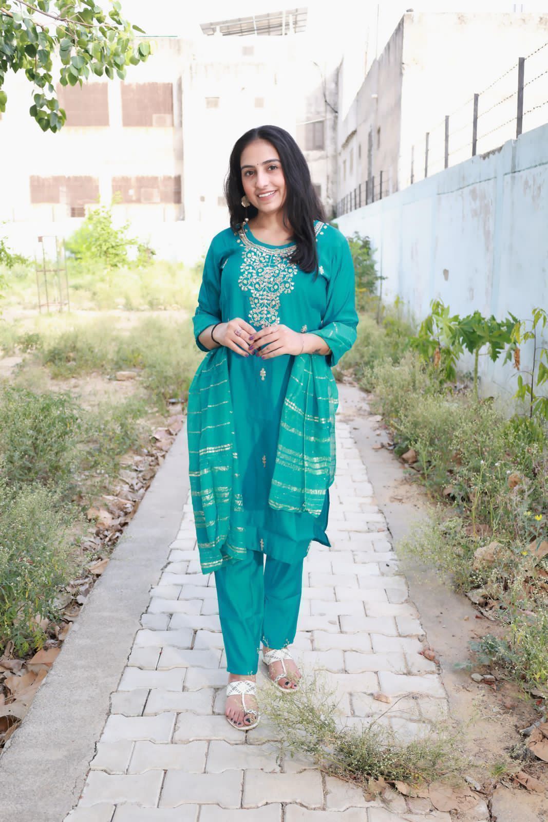 Roman Modal Silk Kurti Pant Set with Gota Patti & Chiffon Jacquard Dupatta