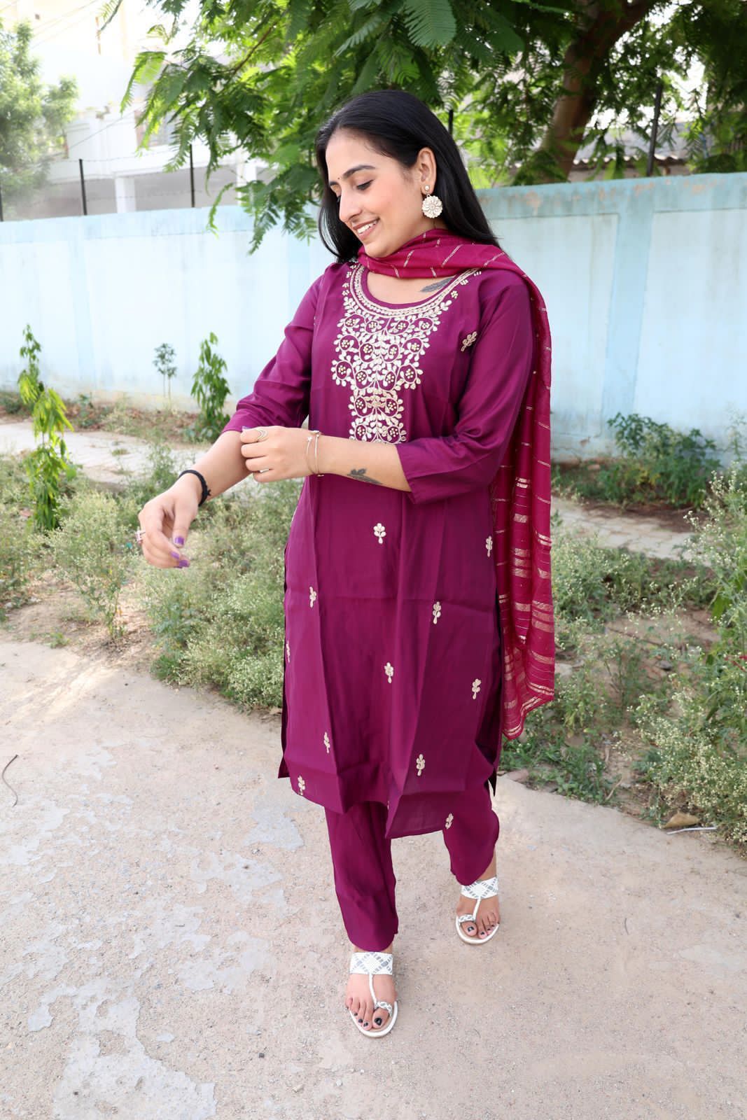 Roman Modal Silk Kurti Pant Set with Gota Patti & Chiffon Jacquard Dupatta