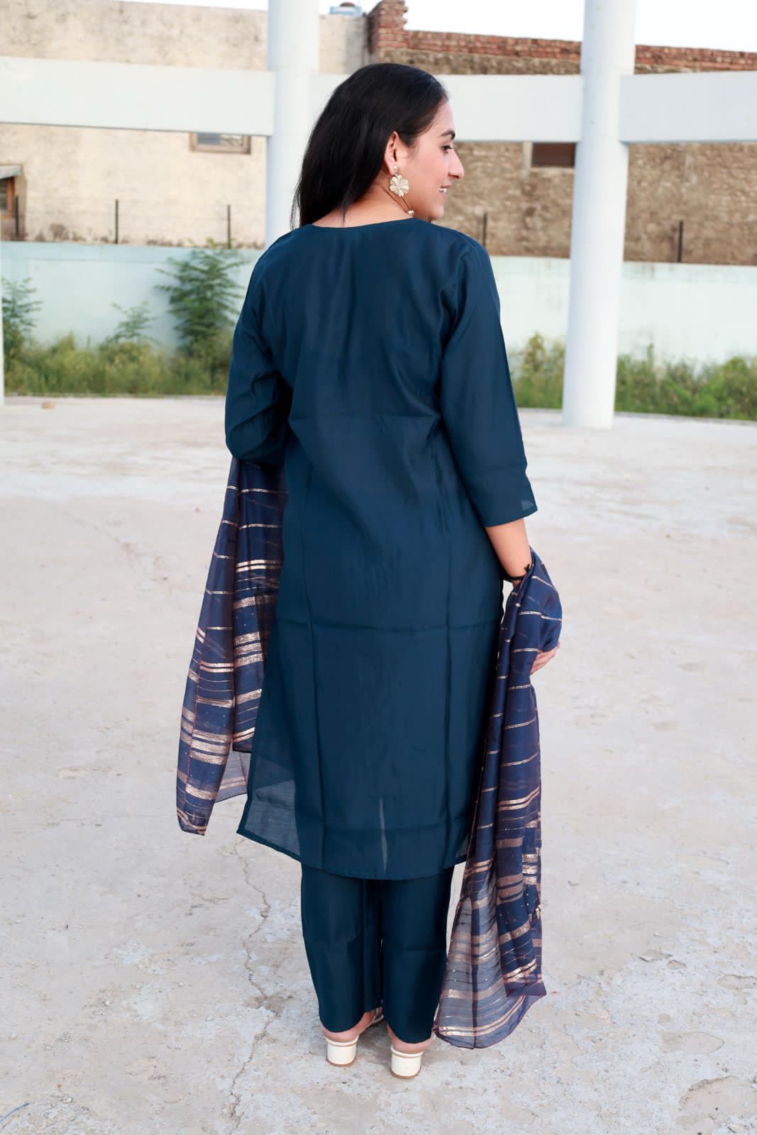 Roman Modal Silk Kurti Pant Set with Gota Patti & Chiffon Jacquard Dupatta