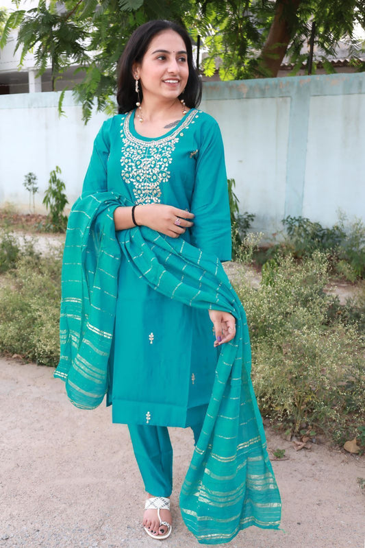Roman Modal Silk Kurti Set with Chiffon Dupatta & Gota Patti Work