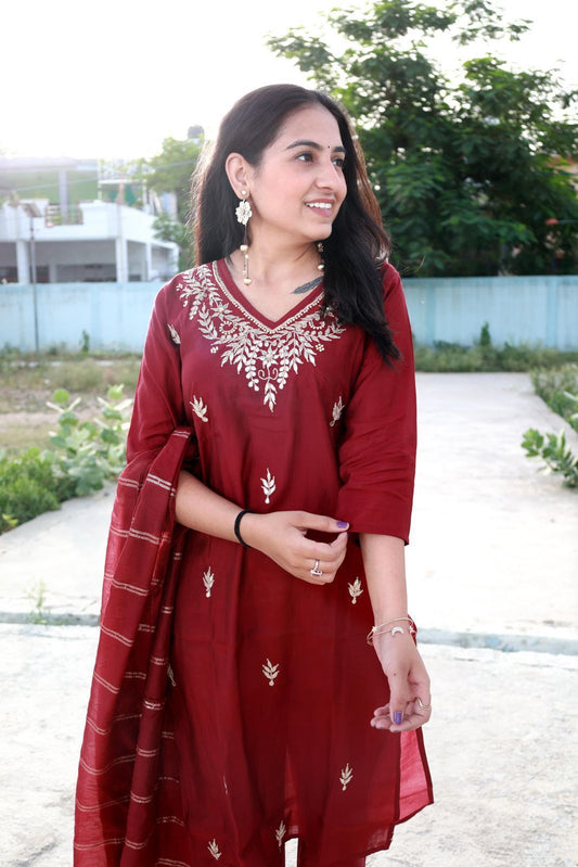 Roman Modal Silk Kurti Set with Chiffon Dupatta & Gota Patti Work