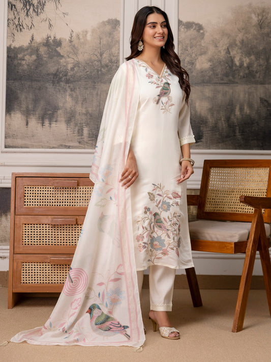 Roman Silk Embroidered Straight Kurta Pant Dupatta Set – 3 Piece