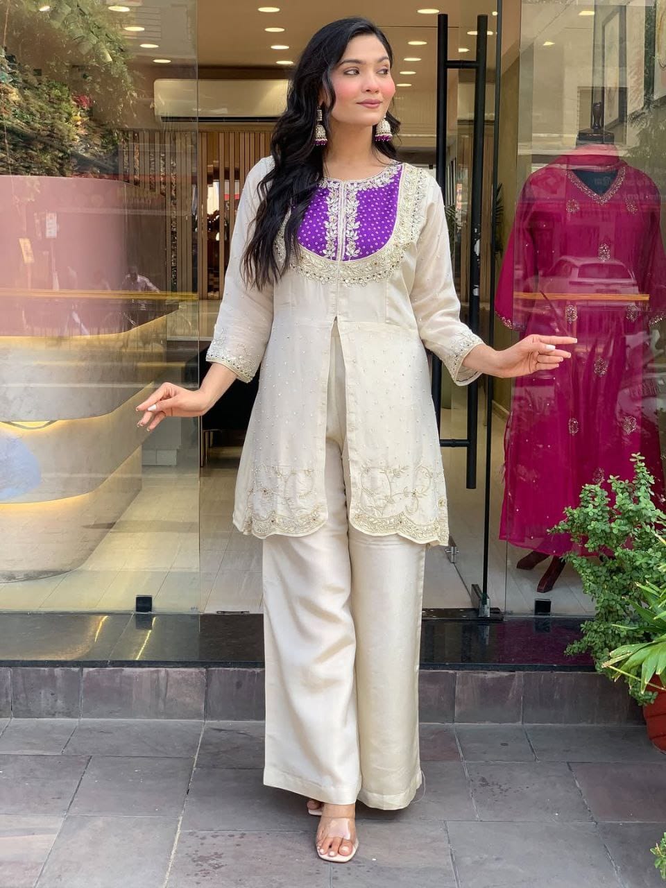 Roman Silk Embroidered Top & Palazzo Set with Coding Work – 2 Piece