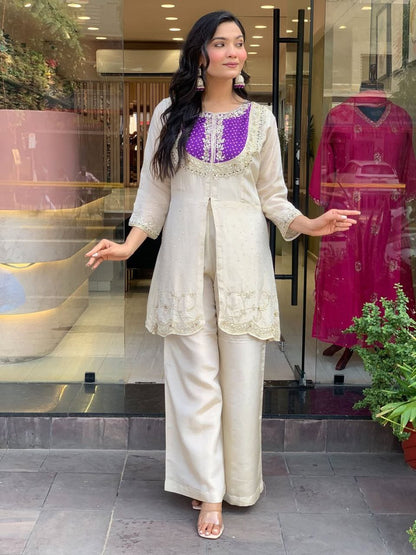 Roman Silk Embroidered Top & Palazzo Set with Coding Work – 2 Piece