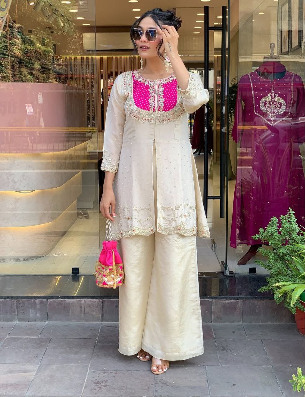 Roman Silk Embroidered Top & Palazzo Set with Coding Work – 2 Piece
