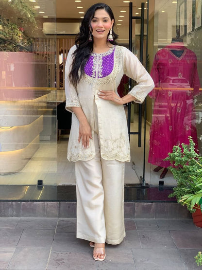 Roman Silk Embroidered Top & Palazzo Set with Coding Work – 2 Piece