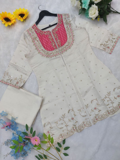 Roman Silk Embroidered Top & Palazzo Set with Coding Work – 2 Piece