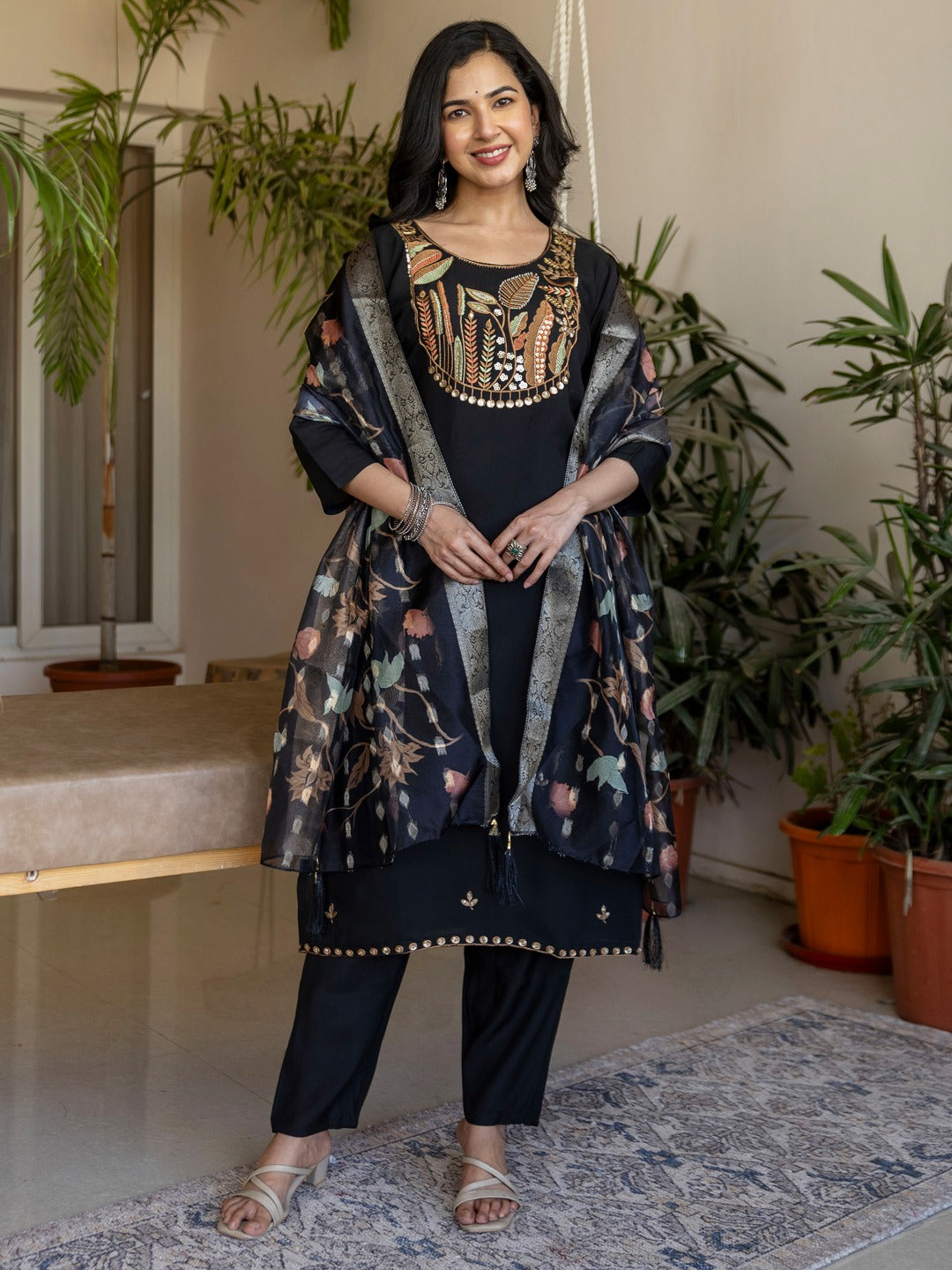 Roman Silk Straight Kurta Pant Dupatta Set with Embroidery & Beads Work | 3-Piece