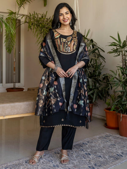 Roman Silk Straight Kurta Pant Dupatta Set with Embroidery & Beads Work | 3-Piece