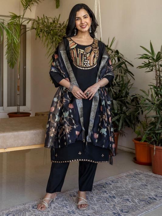 Roman Silk Straight Kurta Pant Dupatta Set with Embroidery & Beads Work | 3-Piece