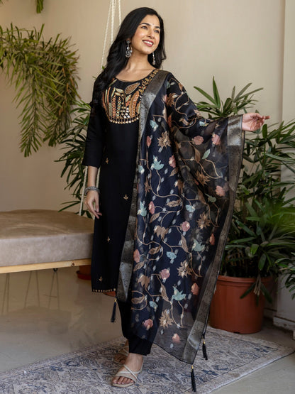 Roman Silk Straight Kurta Pant Dupatta Set with Embroidery & Beads Work | 3-Piece
