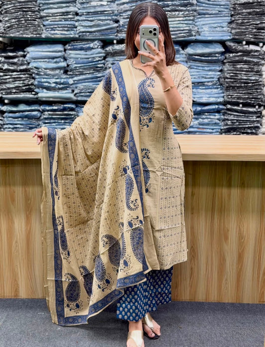 Royal Blue Cotton 60×60 Kairi Print Kurti Pant Dupatta Set