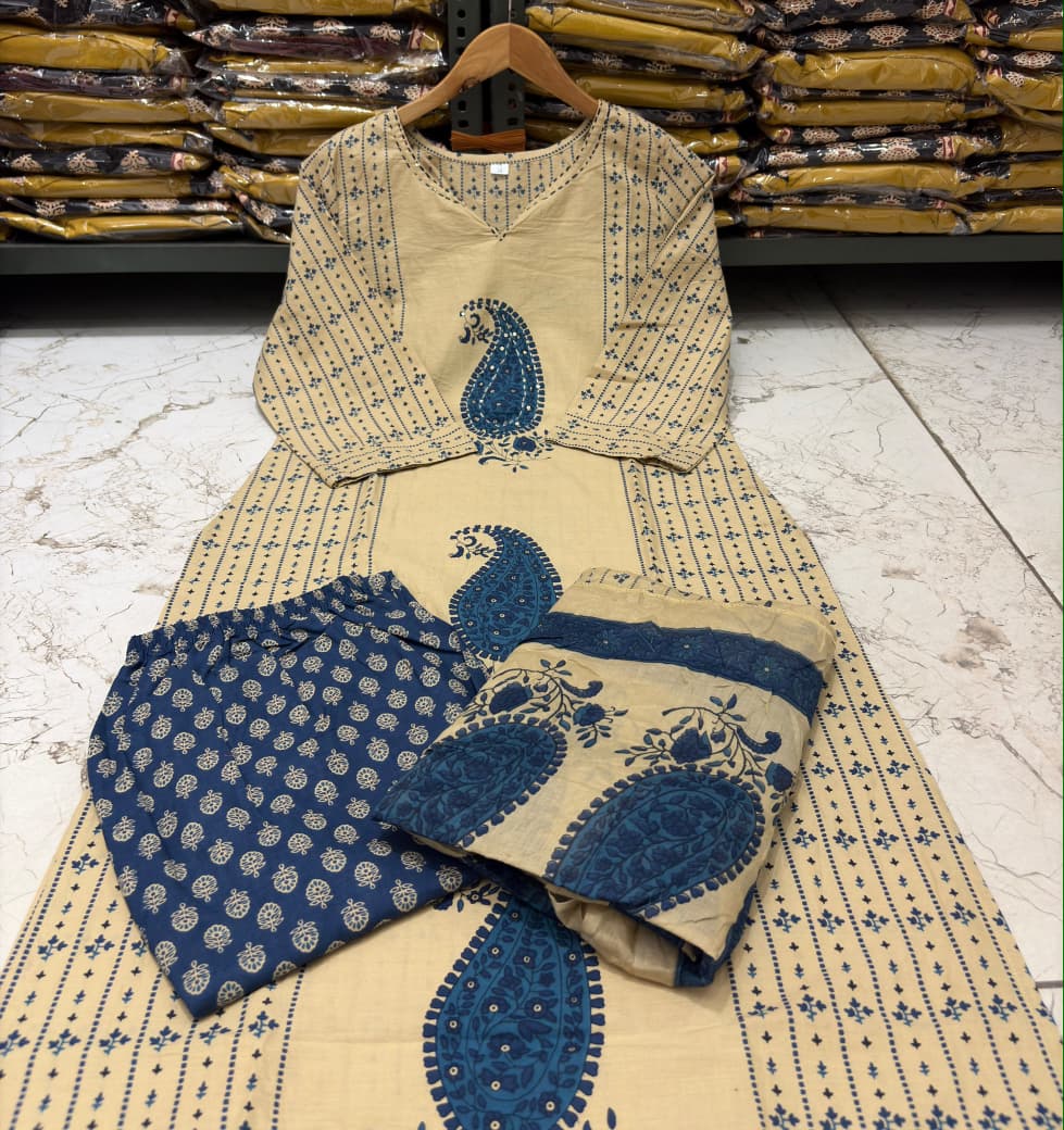 Royal Blue Cotton 60×60 Kairi Print Kurti Pant Dupatta Set