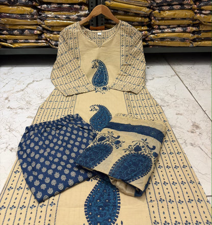 Royal Blue Cotton 60×60 Kairi Print Kurti Pant Dupatta Set