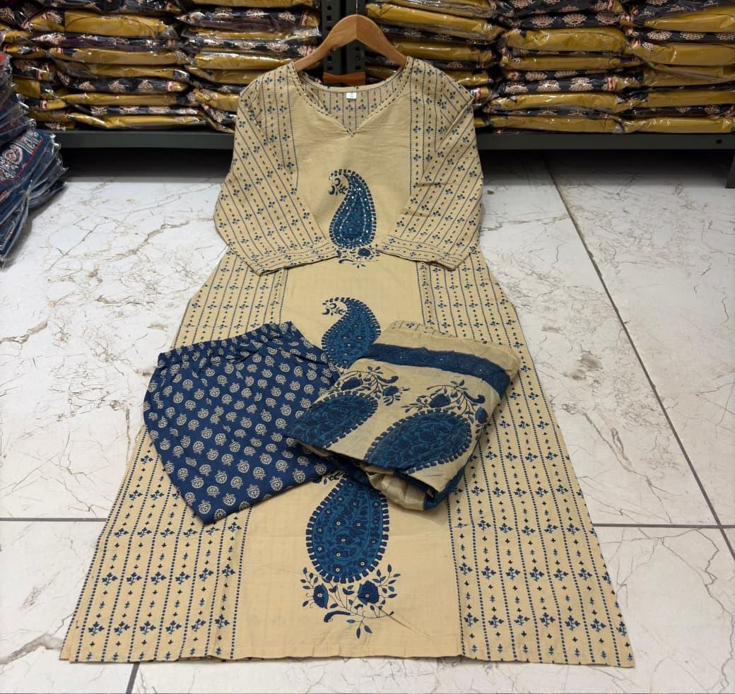 Royal Blue Cotton 60×60 Kairi Print Kurti Pant Dupatta Set