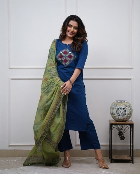 Royal Blue Cotton Embroidered Kurta Pant Dupatta Set