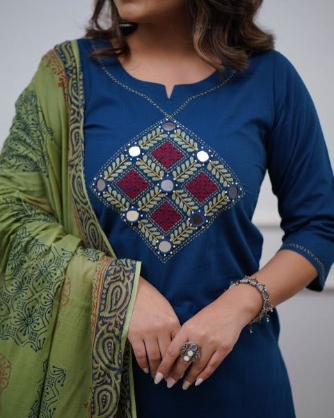 Royal Blue Cotton Embroidered Kurta Pant Dupatta Set