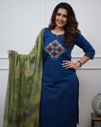Royal Blue Cotton Embroidered Kurta Pant Dupatta Set
