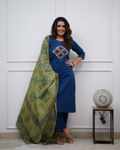 Royal Blue Cotton Embroidered Kurta Pant Dupatta Set