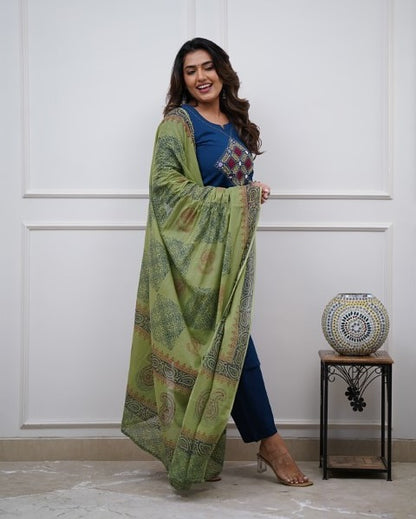 Royal Blue Cotton Embroidered Kurta Pant Dupatta Set