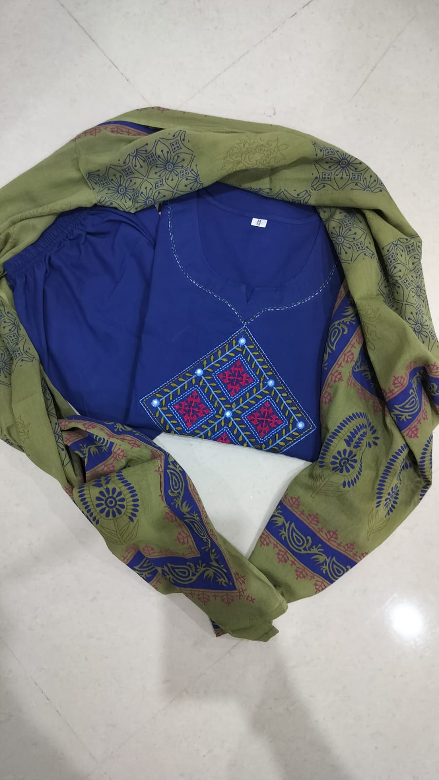 Royal Blue Cotton Embroidered Kurta Pant Dupatta Set