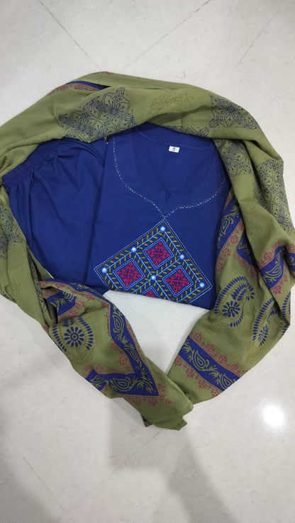 Royal Blue Cotton Embroidered Kurta Pant Dupatta Set