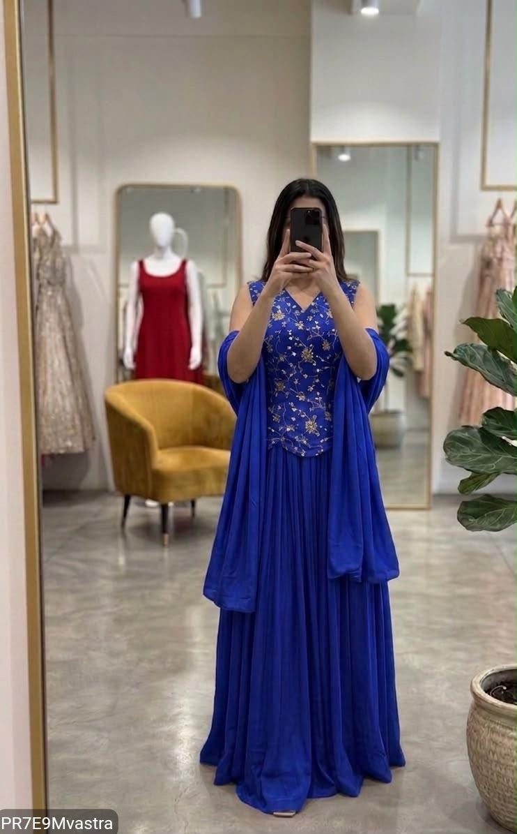 Royal Blue Indo-Western Set with Beadwork Top, Skirt & Dupatta
